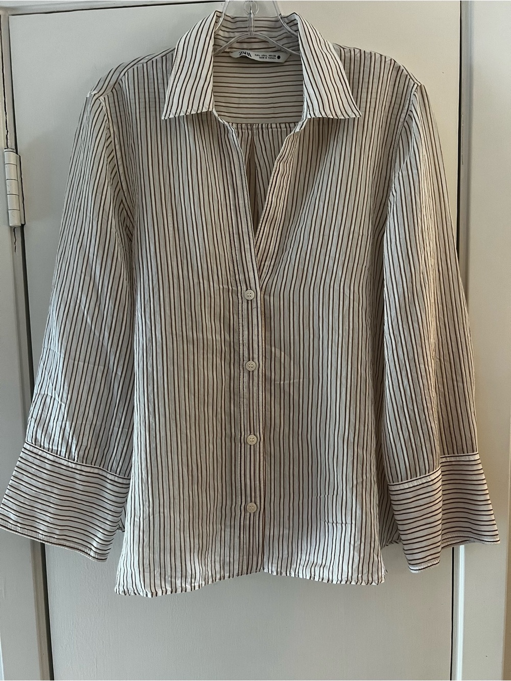 ZARA Sheer White and Tan Striped Button-up Top